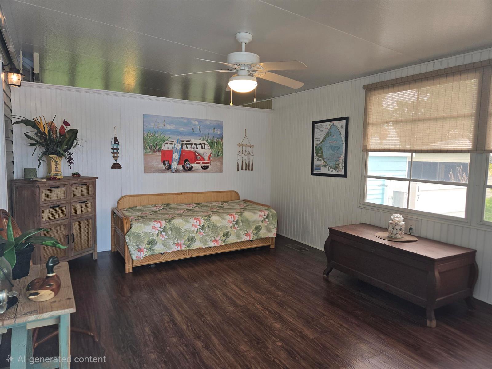 A sunroom features wood-look flooring, white paneled walls, a daybed, and a ceiling fan — 13680 NW 127th Terrace # 17, Okeechobee FL 34974, OKEECHOBEE, FL