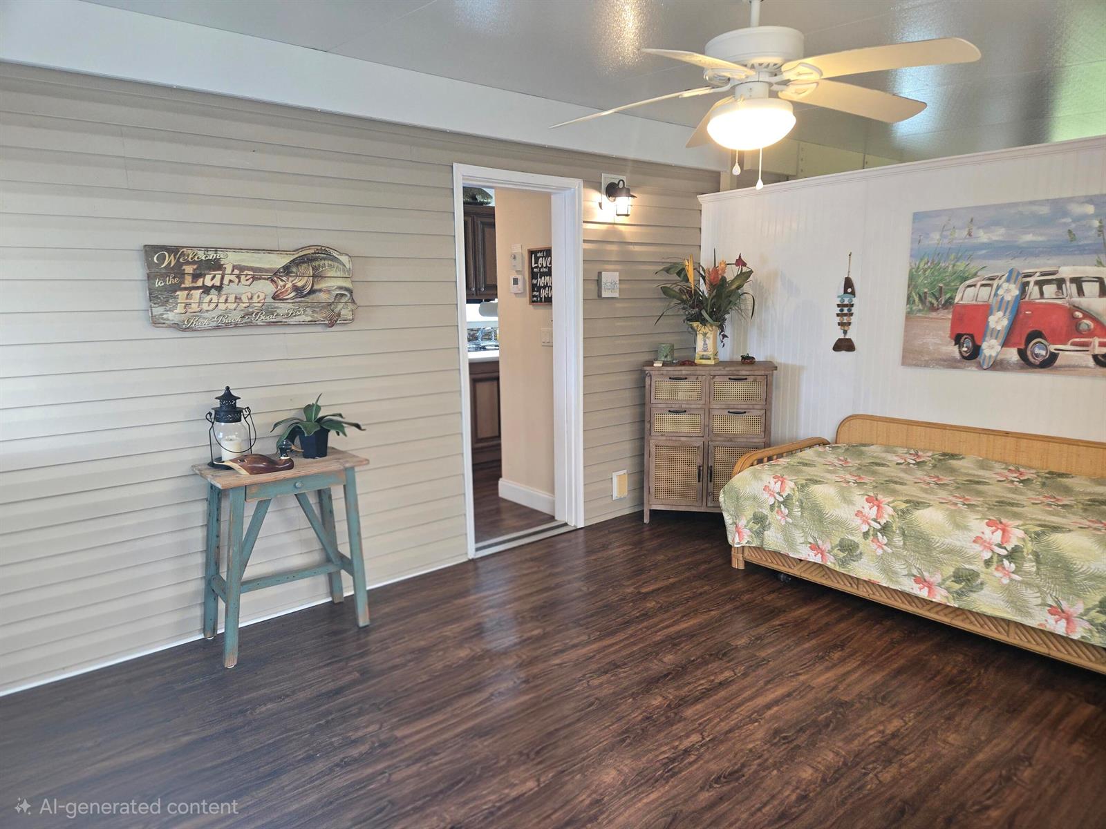 A sunroom with wood-look flooring, a daybed, a ceiling fan, and a lake-themed sign — 13680 NW 127th Terrace # 17, Okeechobee FL 34974, OKEECHOBEE, FL