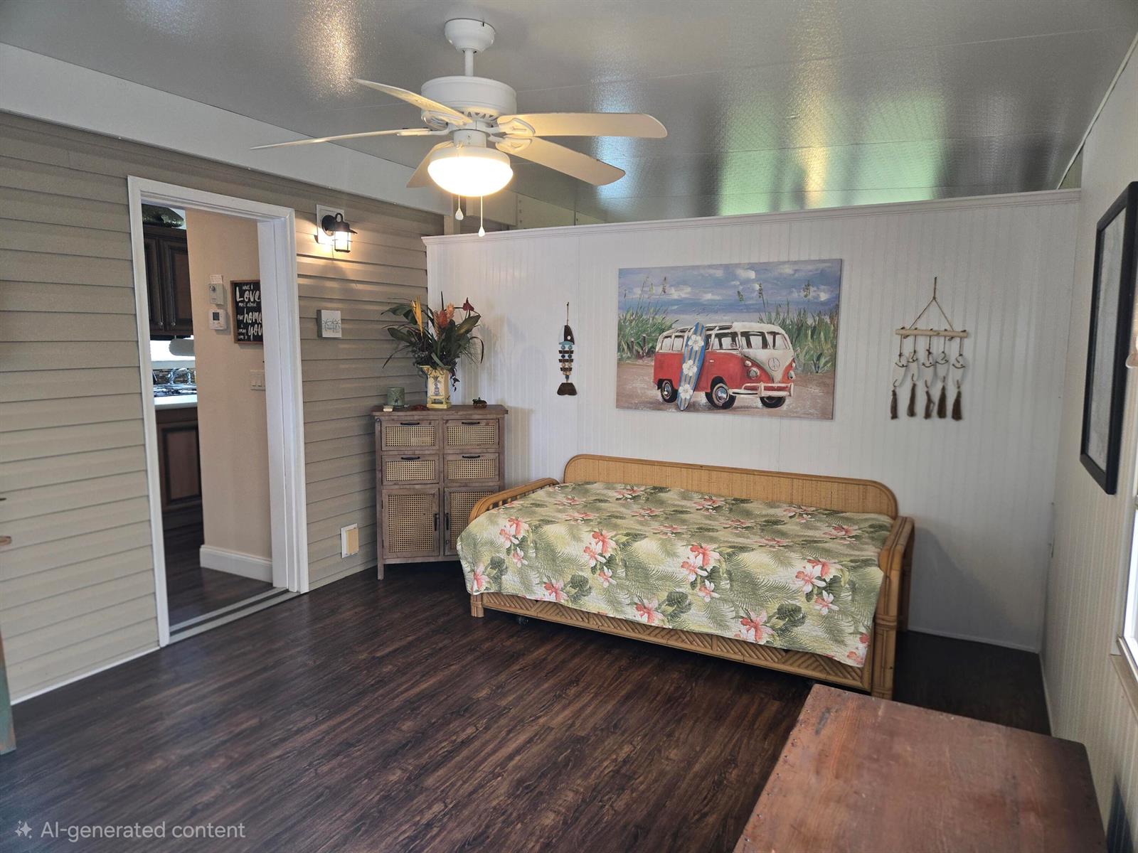A room with dark wood flooring, a daybed, a ceiling fan, and a wall painting — 13680 NW 127th Terrace # 17, Okeechobee FL 34974, OKEECHOBEE, FL