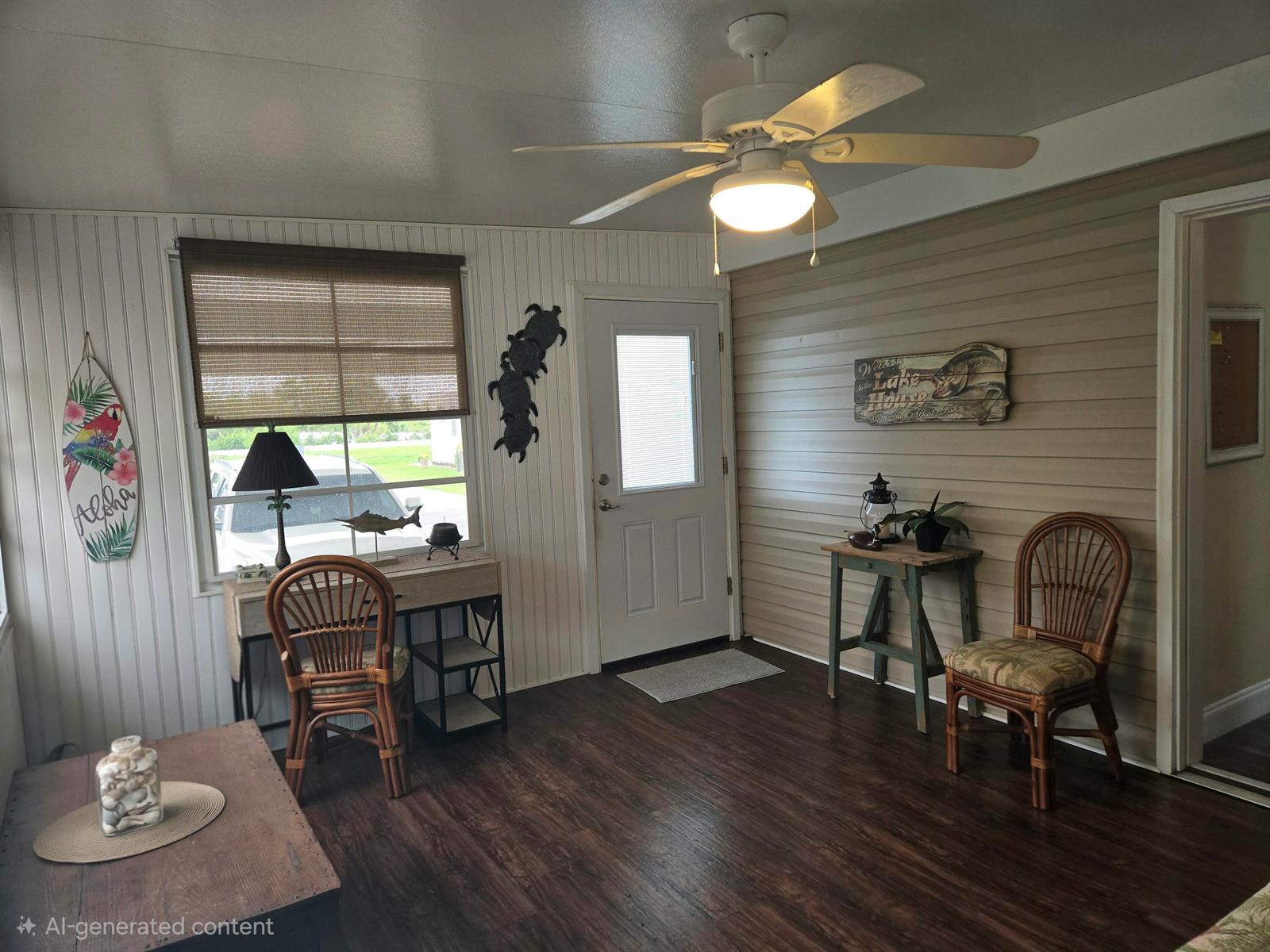 A sunroom features wood-look flooring, a ceiling fan, wicker chairs, and lake-themed wall decor — 13680 NW 127th Terrace # 17, Okeechobee FL 34974, OKEECHOBEE, FL