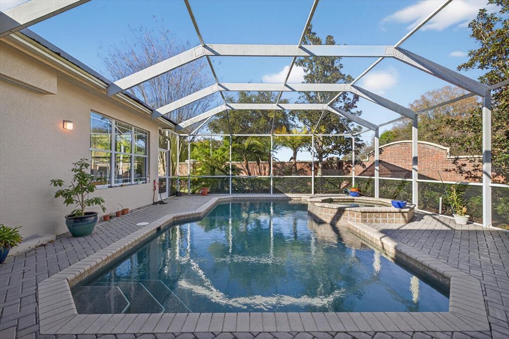 A screened-in swimming pool and hot tub on a paved patio next to a house — 3185 BURBERRY STREET, TARPON SPRINGS, FL