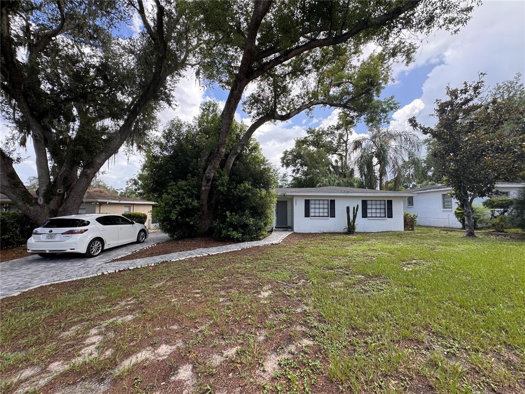 A white single-story house with a paved driveway and large trees in the front yard — 309 DEER PARK AVENUE, TAMPA, FL