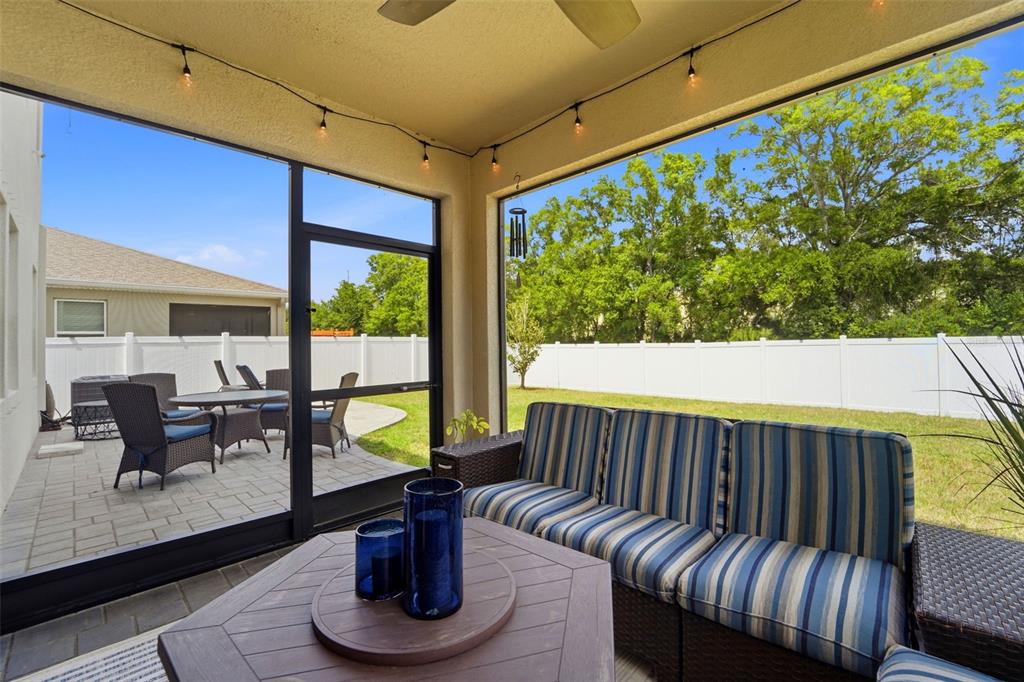 A screened-in patio features a striped sofa, a hexagonal coffee table, and a paved outdoor area — 8020 PRAISE DRIVE, TAMPA, FL