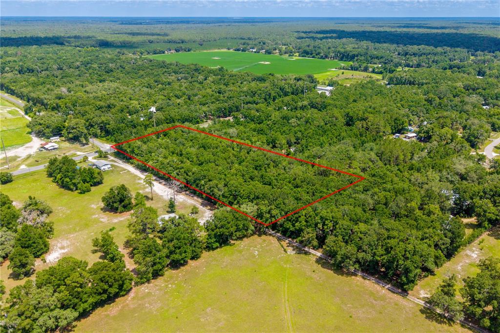 An aerial view shows a rectangular plot of land outlined in red amidst wooded terrain — TBD NE 349 , LOT 15 HIGHWAY, OLD TOWN, FL
