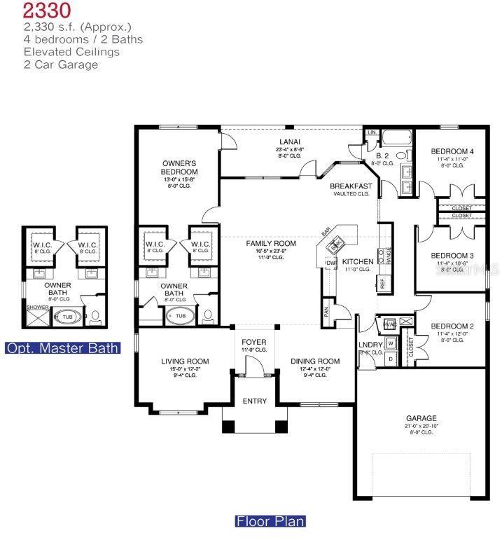 This floor plan shows a four-bedroom, two-bathroom house with a two-car garage and lanai — 12288 LANDFAIR STREET, SPRING HILL, FL