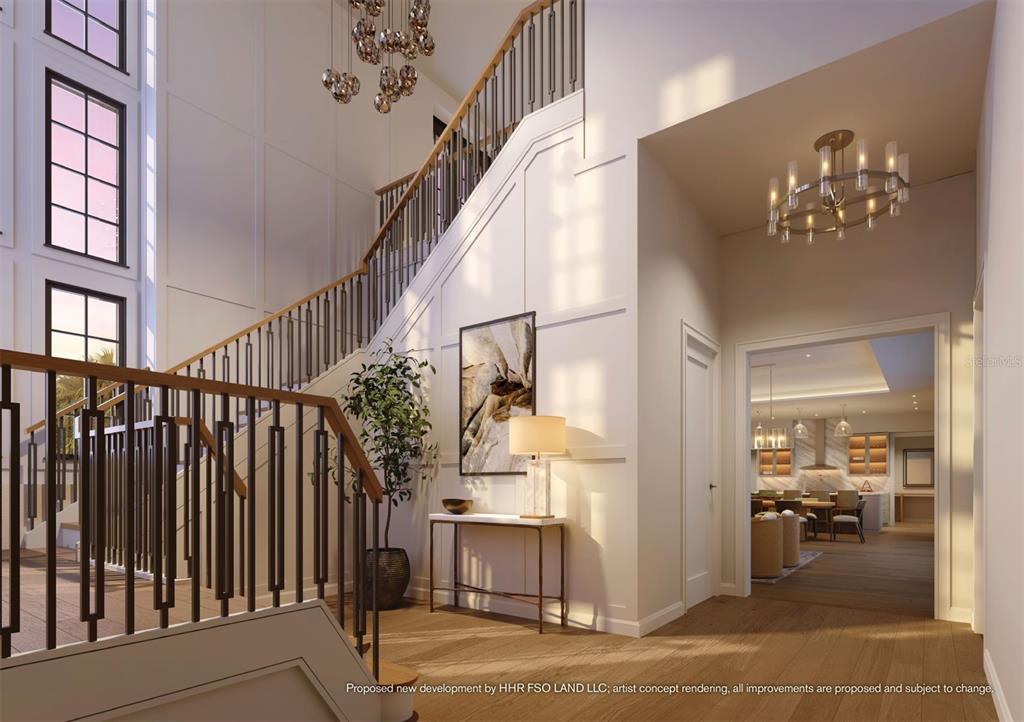 This rendering shows a grand foyer with a staircase, chandelier, and a view into a kitchen — 10300 WINTER SPARKLE CIRCLE, GOLDEN OAK, FL