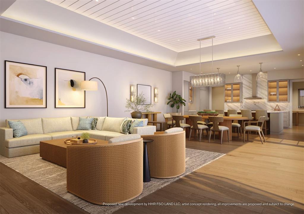 This rendering shows an open-concept living and dining area with modern furniture and wood flooring — 10300 WINTER SPARKLE CIRCLE, GOLDEN OAK, FL