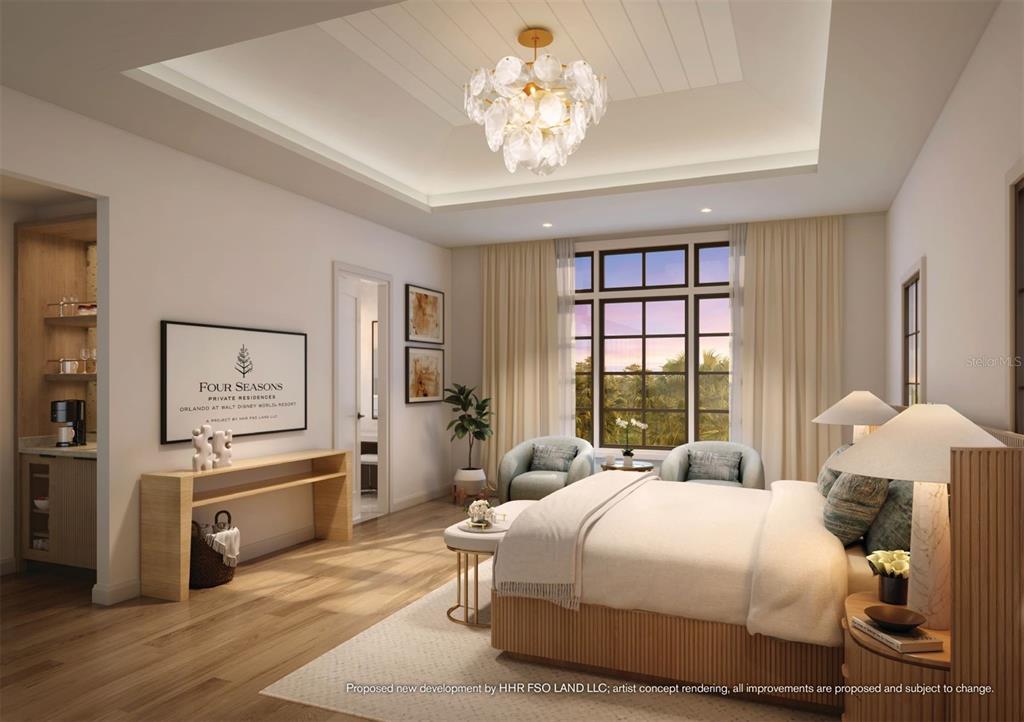This rendering shows a modern bedroom with a tray ceiling, chandelier, and a seating area — 10300 WINTER SPARKLE CIRCLE, GOLDEN OAK, FL
