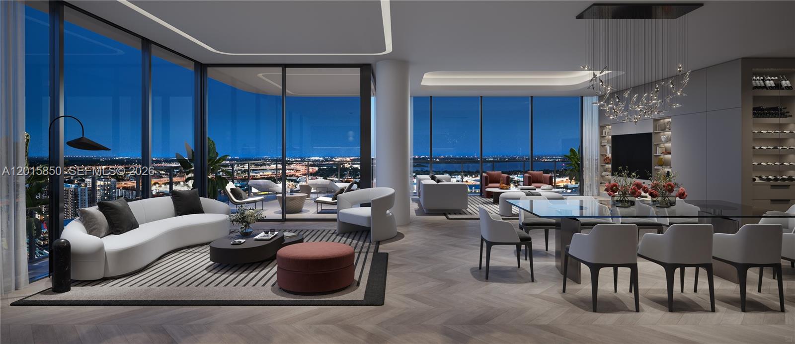 This rendering shows a modern open-concept living and dining area with floor-to-ceiling windows — 1101 E Jackson St # 3902, Tampa FL 33602, TAMPA, FL