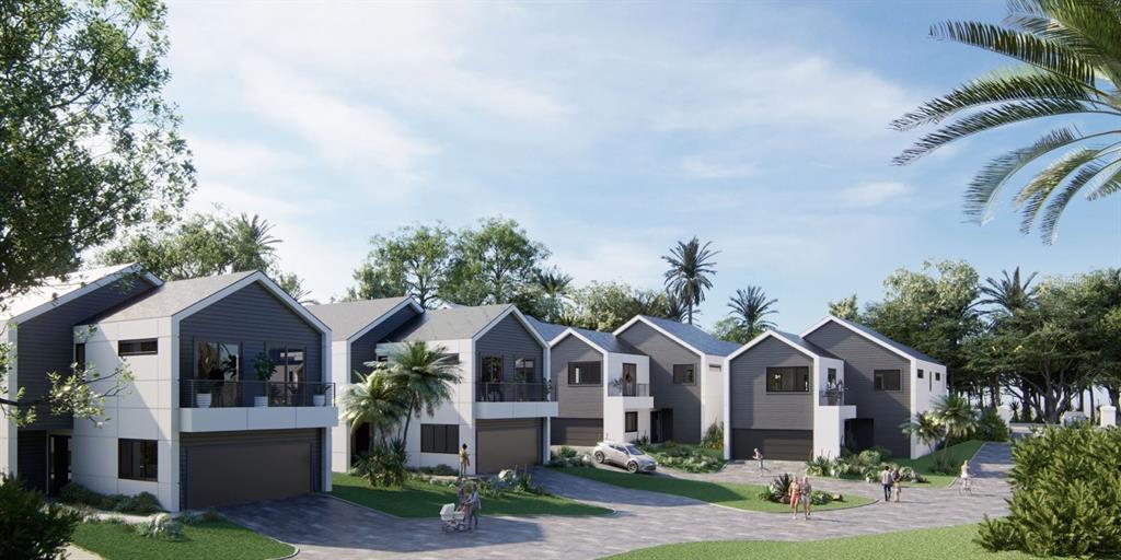 This is a rendering of several modern two-story townhouses with dark siding and attached garages — 300 PALM BLUFF STREET, CLEARWATER, FL