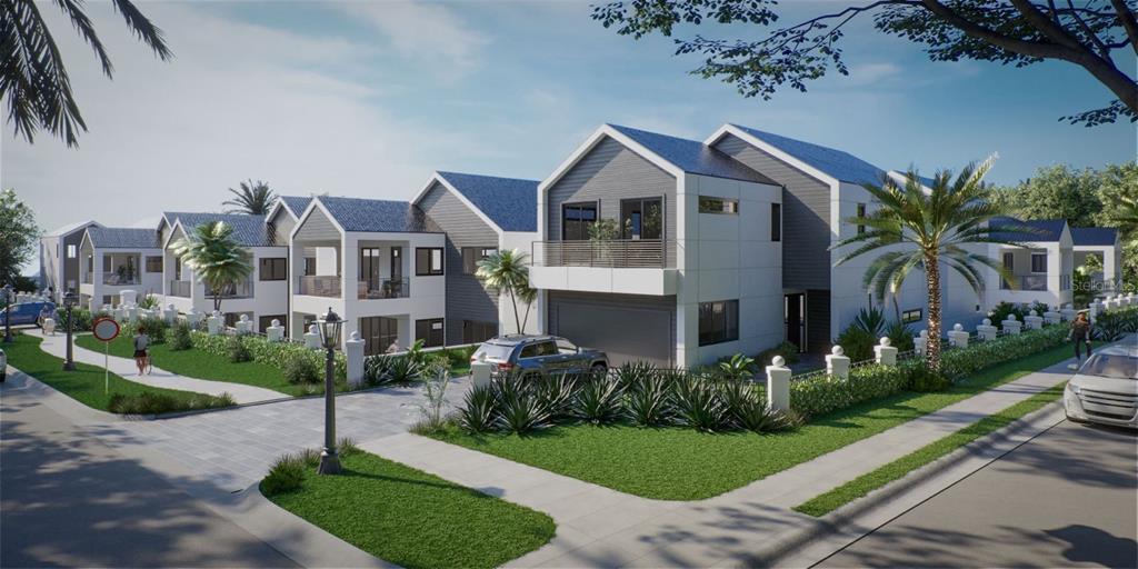 A digital rendering shows a row of modern townhouses with gray siding and white accents — 300 PALM BLUFF STREET, CLEARWATER, FL