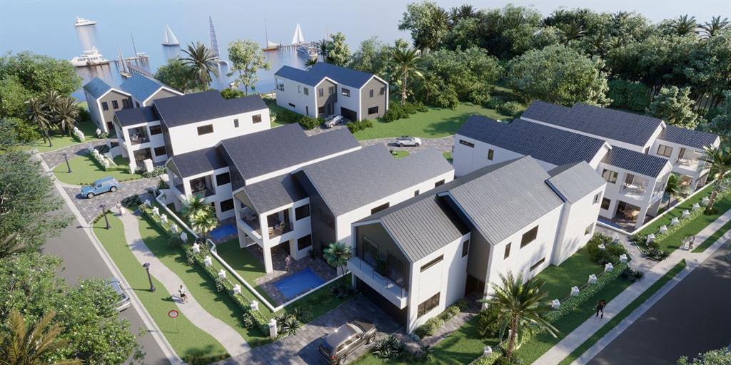 This is a digital rendering of a modern residential complex with multiple houses and pools — 300 PALM BLUFF STREET, CLEARWATER, FL