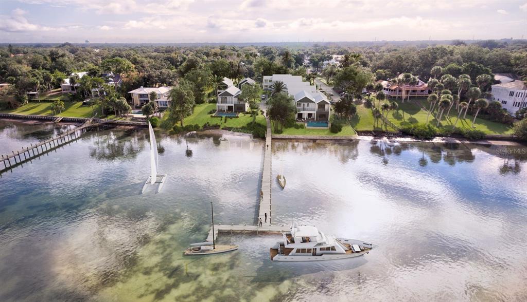 This is a rendering of waterfront homes with a long dock and moored boats — 300 PALM BLUFF STREET, CLEARWATER, FL