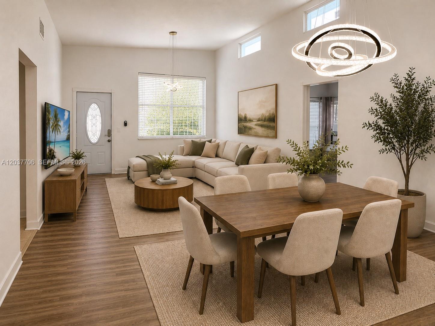 This is a digital rendering of an open-concept living and dining room with modern decor — 9156 Froude Ave, Surfside FL 33154, SURFSIDE, FL