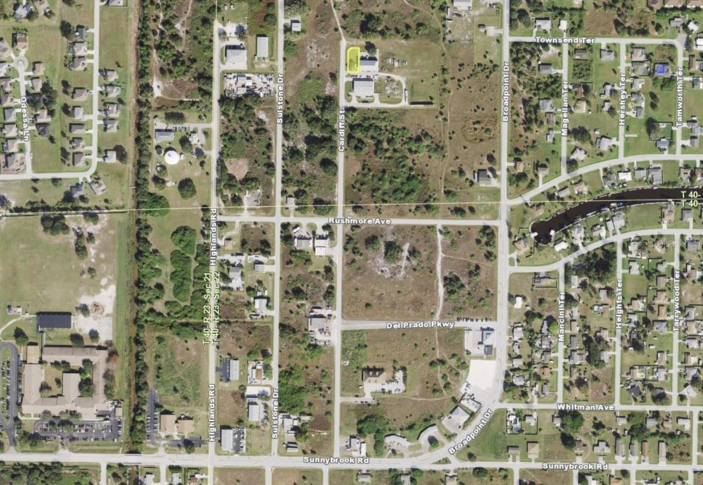 This is an aerial map view of a residential area with streets and undeveloped lots — 27075 TUNNEY TERRACE, PUNTA GORDA, FL
