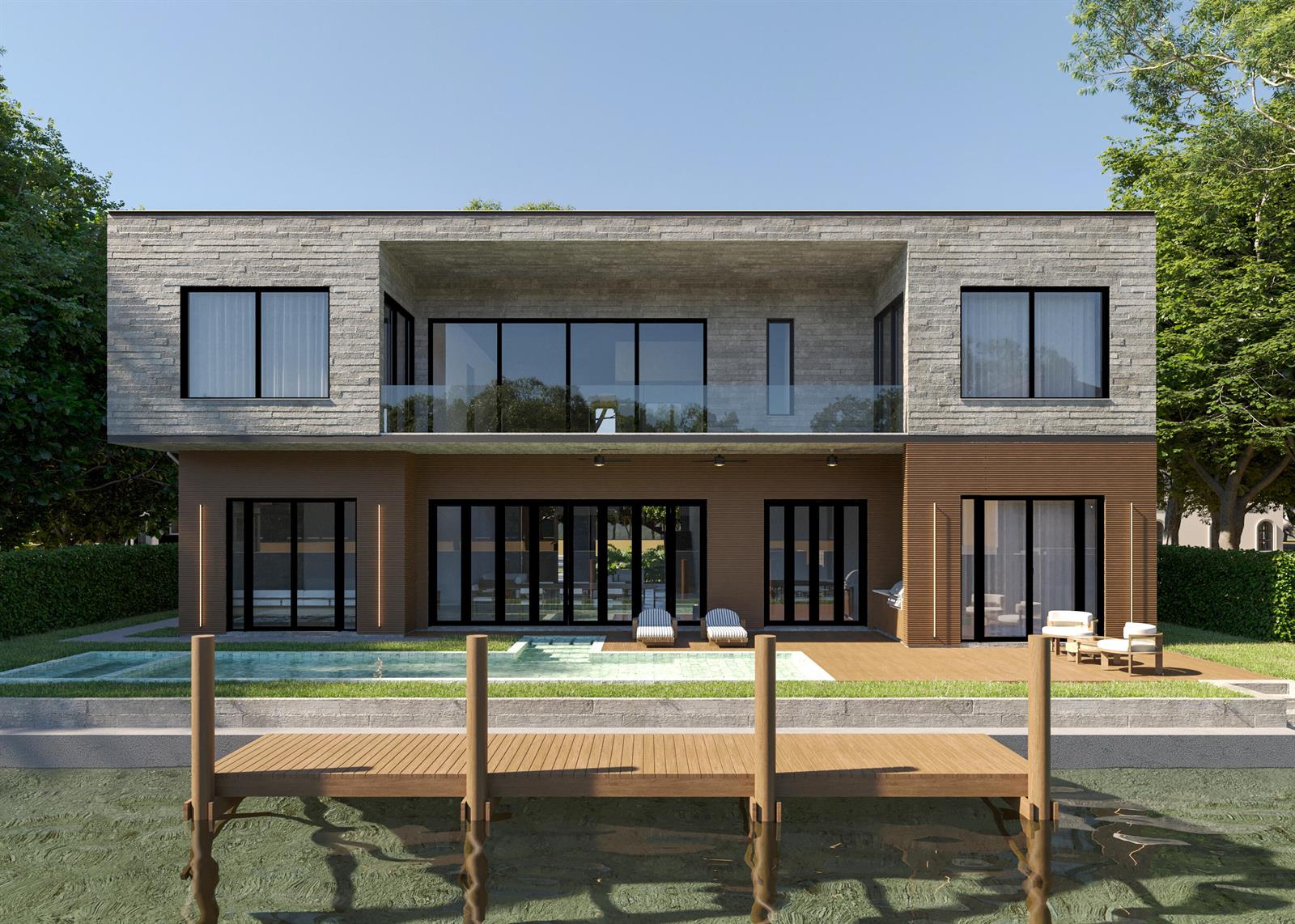 This architectural rendering shows a modern two-story house with a pool, deck, and wooden dock — 741 Enfield Street, Boca Raton FL 33487, BOCA RATON, FL