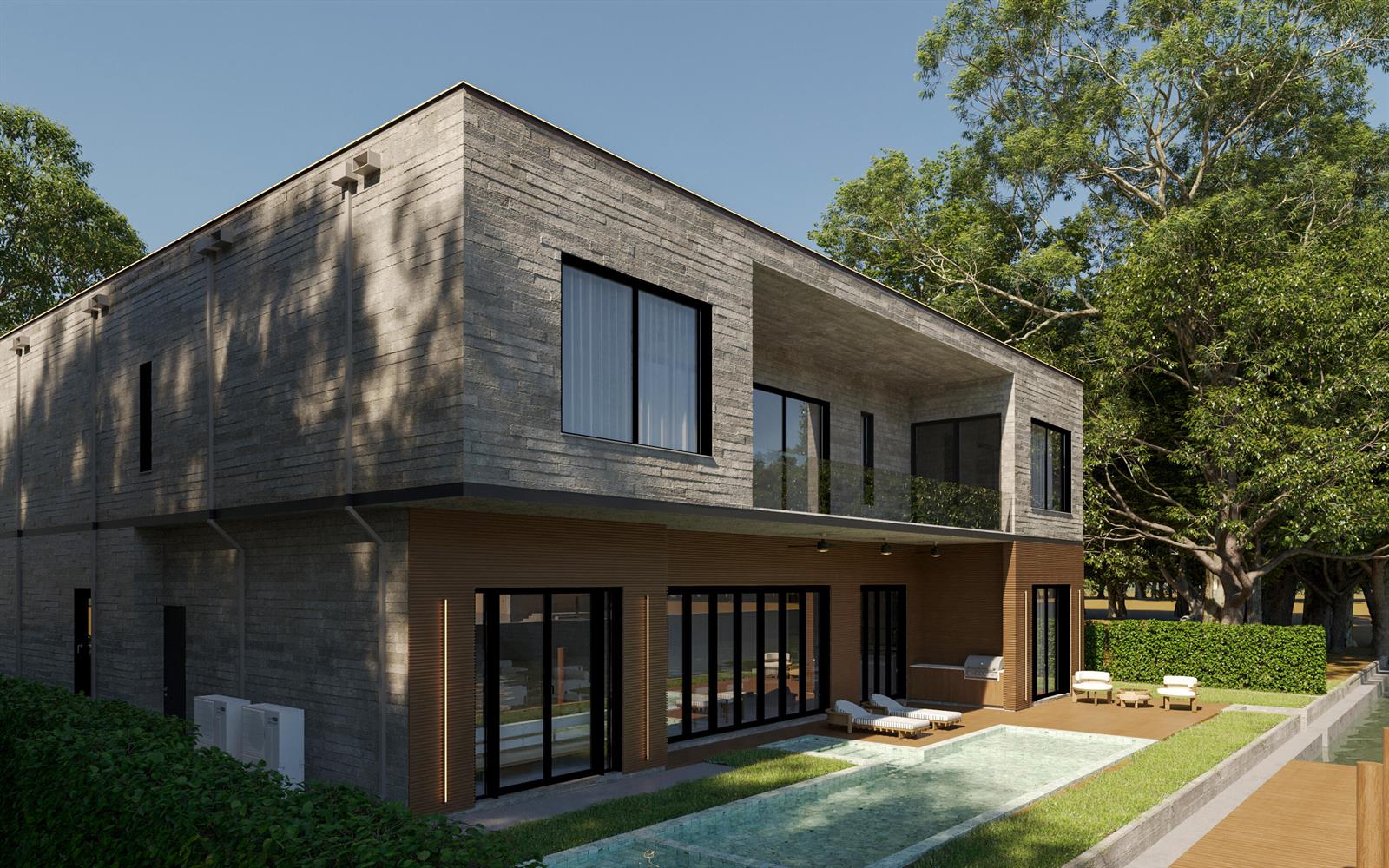 This is a rendering of a modern two-story house with stone siding, wood accents, and a pool — 741 Enfield Street, Boca Raton FL 33487, BOCA RATON, FL