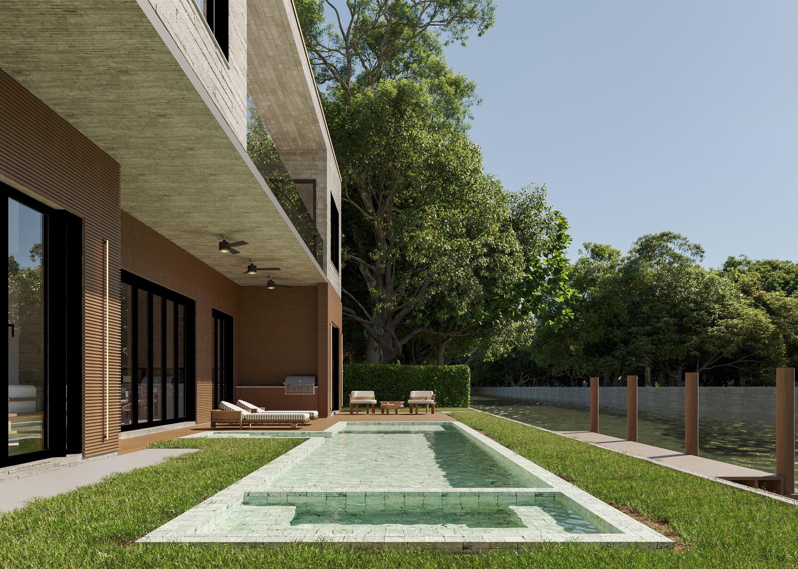 A rendering of a modern home exterior with a swimming pool, lawn, and waterfront dock — 741 Enfield Street, Boca Raton FL 33487, BOCA RATON, FL
