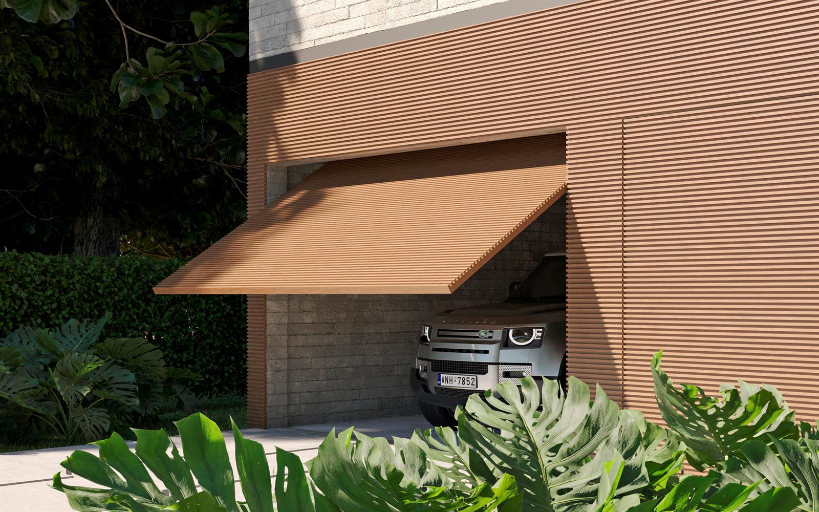 This rendering shows a modern garage with a slatted wood door and a parked SUV — 741 Enfield Street, Boca Raton FL 33487, BOCA RATON, FL