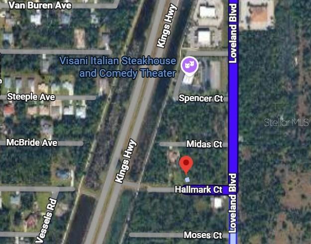 This is a satellite map showing the location of a property near Kings Highway — 23498 HALLMARK COURT, PORT CHARLOTTE, FL