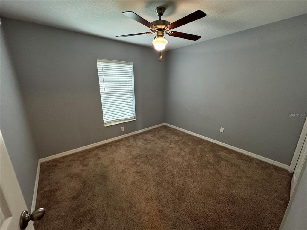 An empty bedroom features gray walls, brown carpeting, a ceiling fan, and a single window — 13705 SE 54TH COURT, SUMMERFIELD, FL