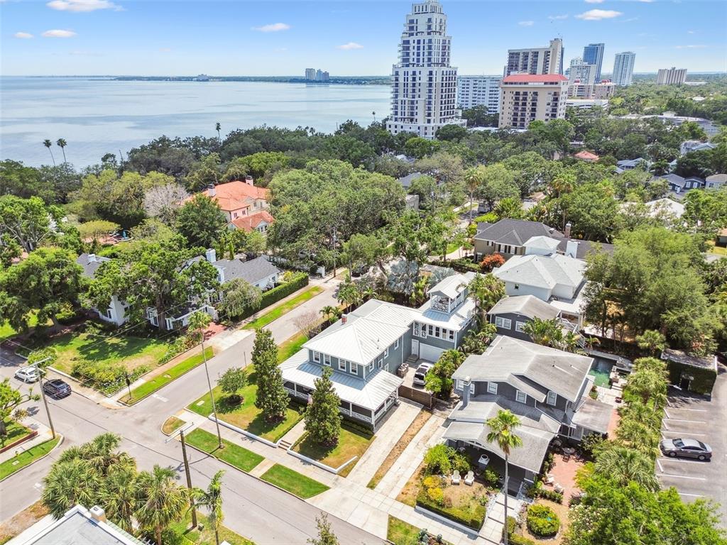 An aerial view shows a residential neighborhood with houses, trees, and a distant city skyline — 1411 S ALBANY AVENUE, TAMPA, FL