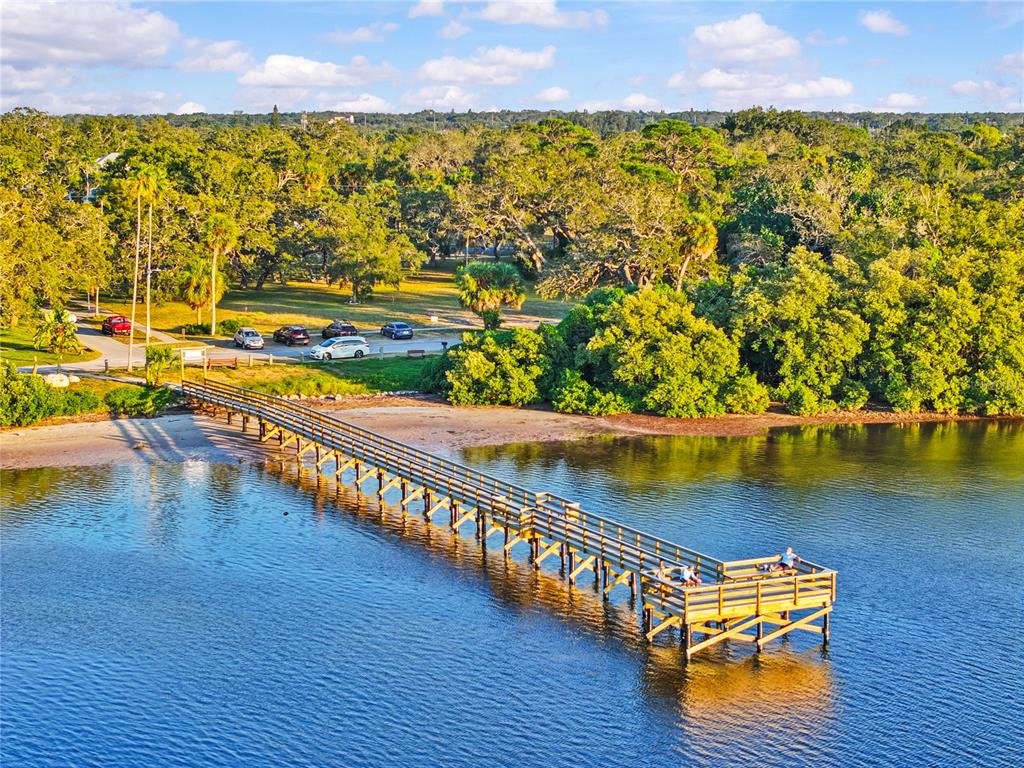 An aerial view of a wooden pier extending into a calm body of water — 314 INDIANA AVENUE, CRYSTAL BEACH, FL