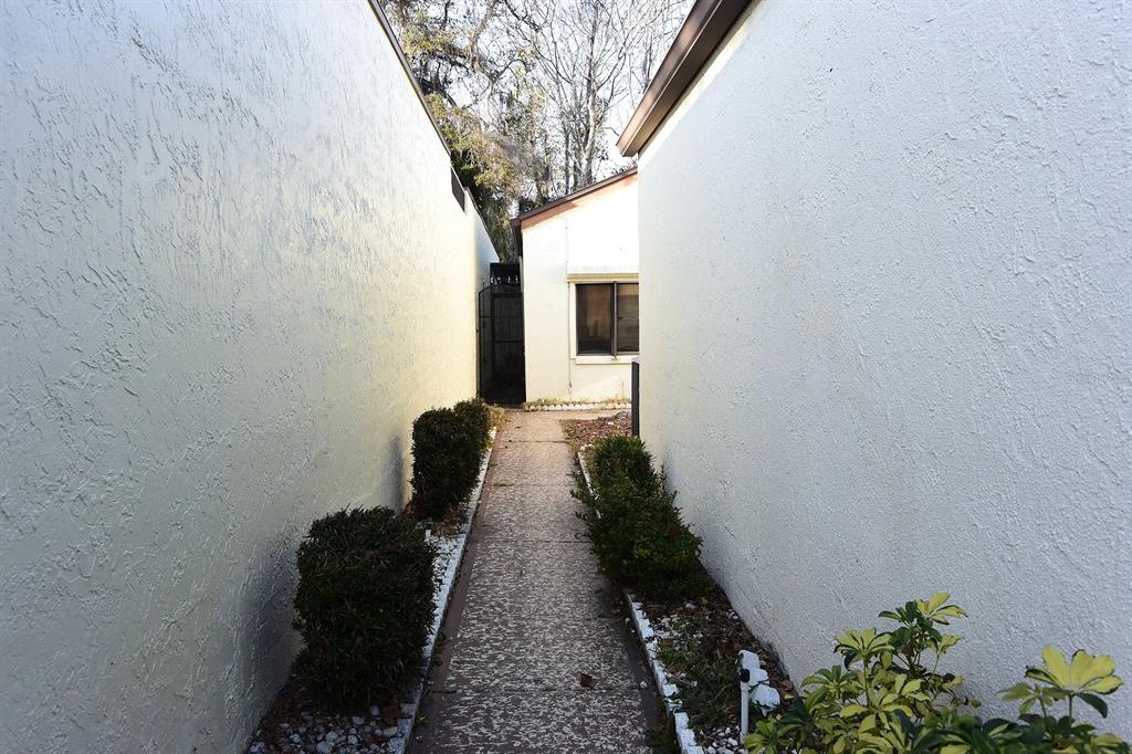 A narrow concrete walkway leads between two white stucco walls toward a small building — 5645 HAMILTON HARBOR DRIVE, NEW PORT RICHEY, FL