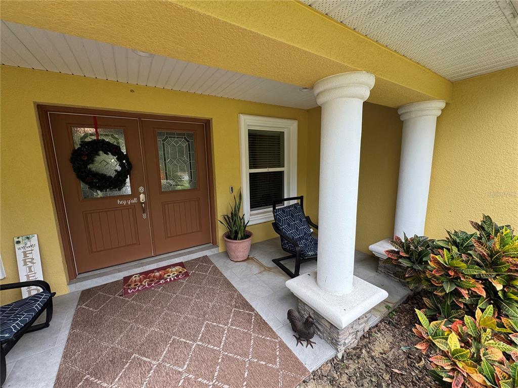 A covered front porch features double doors, two white columns, and a patterned rug — 16361 SE 80TH TERRACE, SUMMERFIELD, FL