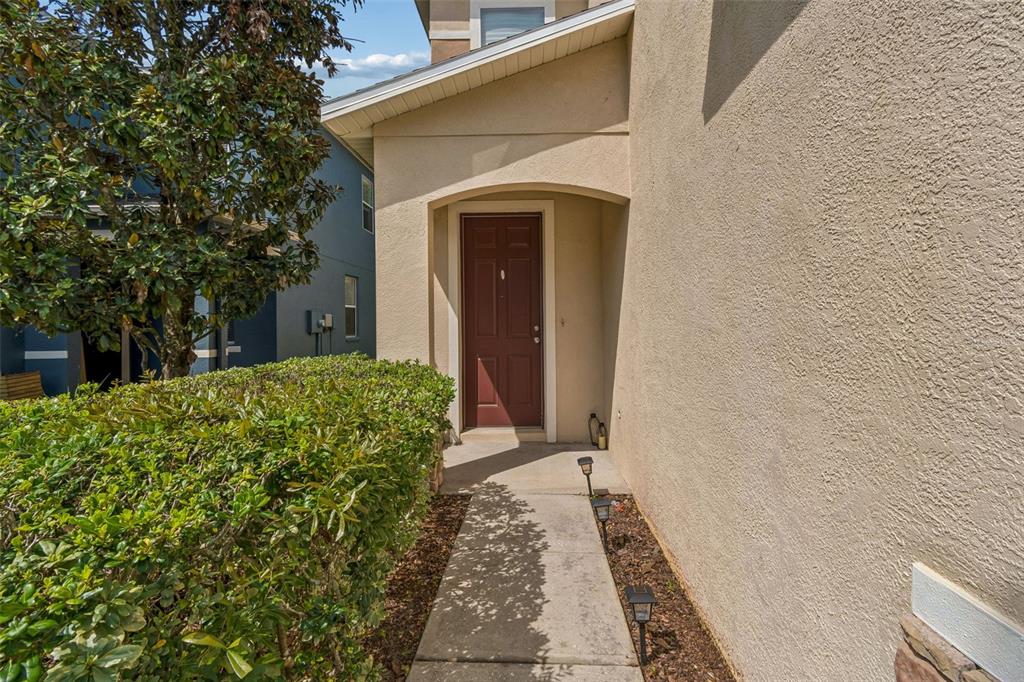 A concrete walkway leads to a recessed front door with a brown finish — 2401 SILVERMOSS DRIVE, WESLEY CHAPEL, FL