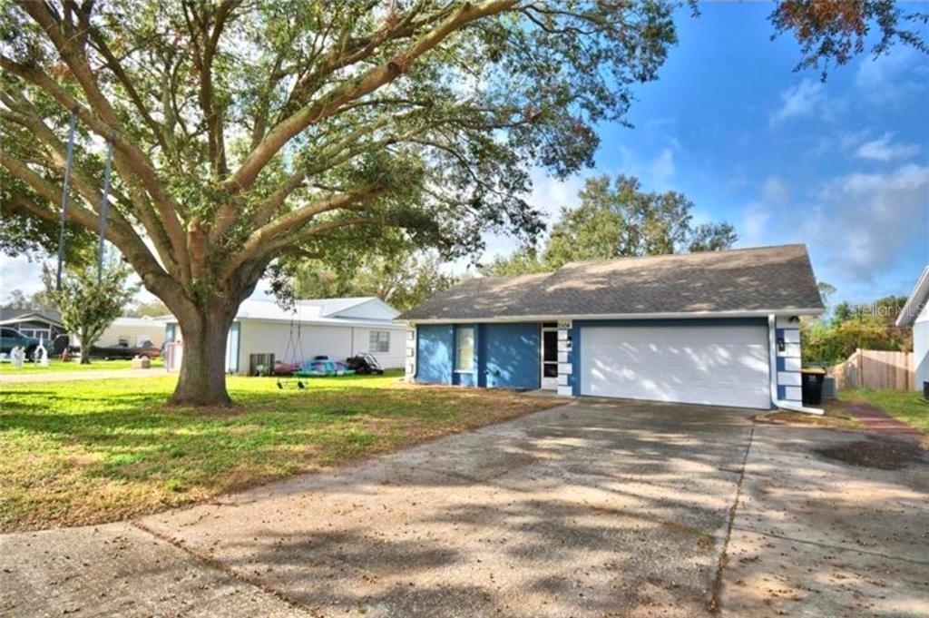 A blue single-story house with a white garage door and a large tree in front — 7504 WILLOW WISP DRIVE E, LAKELAND, FL