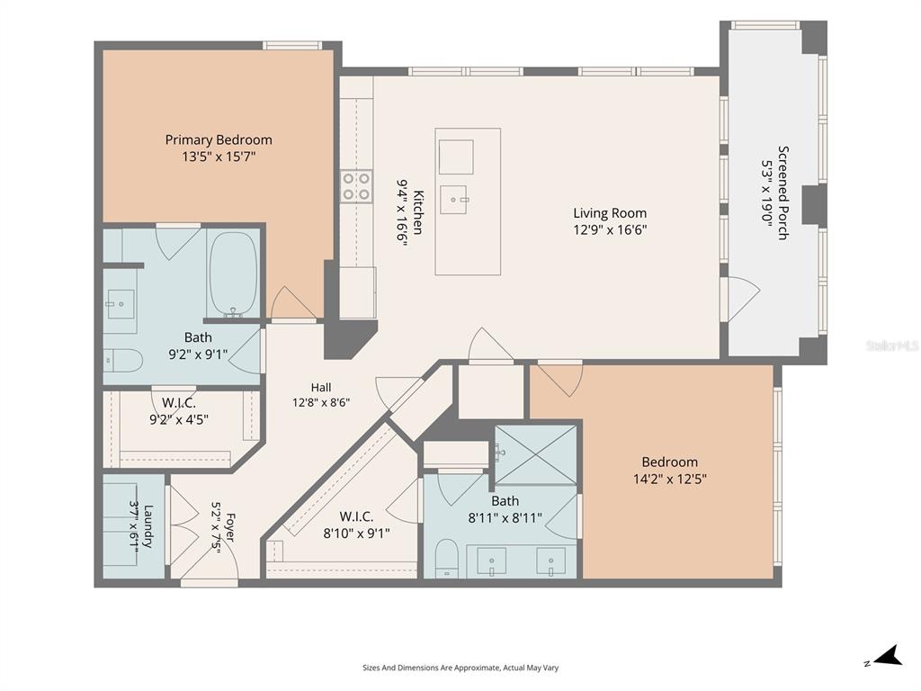 This is a floor plan for a two-bedroom apartment with a kitchen, living room, and porch — 1700 RANCH ROAD UNIT B2-6107, NOKOMIS, FL