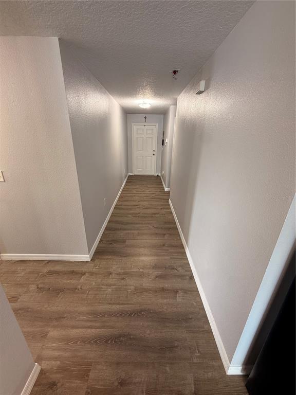 A hallway with light gray walls and wood-look flooring leads to a white door — 2185 ROCK DRIVE, POINCIANA, FL