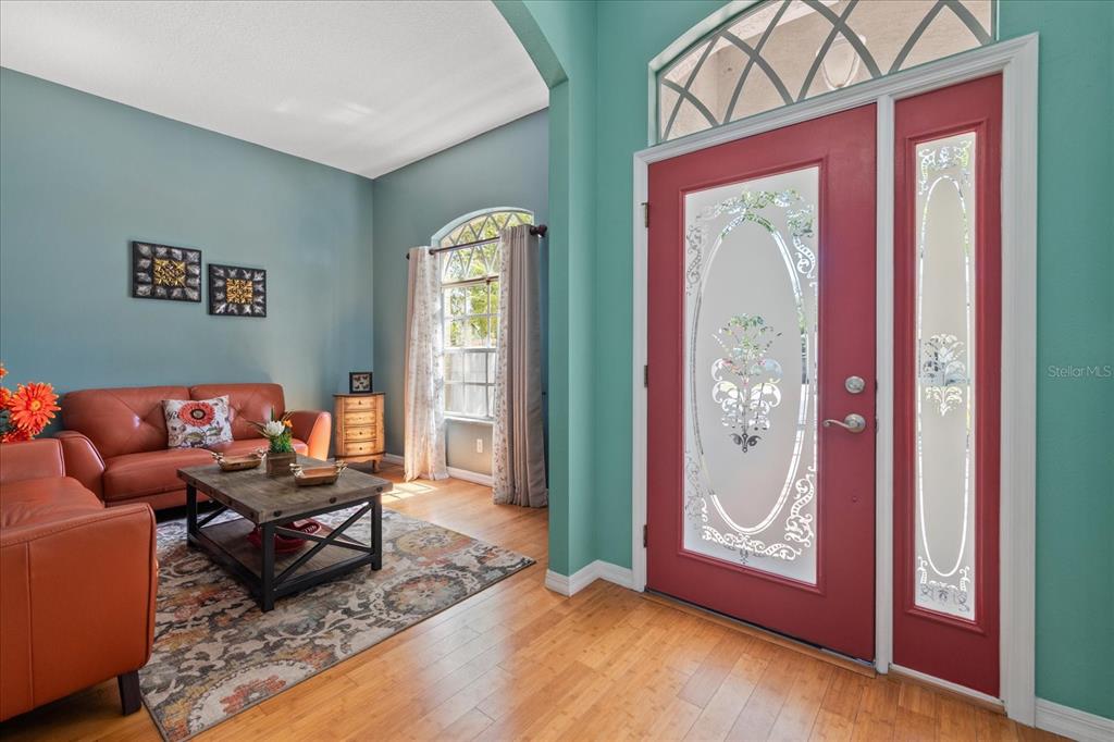 A living room with a red front door, teal walls, and hardwood flooring — 5001 44TH AVENUE N, ST PETERSBURG, FL