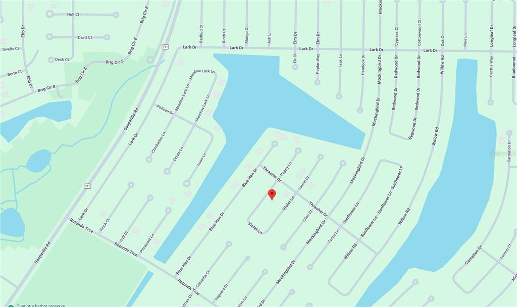 This is a map showing residential streets and waterways in a neighborhood — 6 VIOLET LANE, PLACIDA, FL