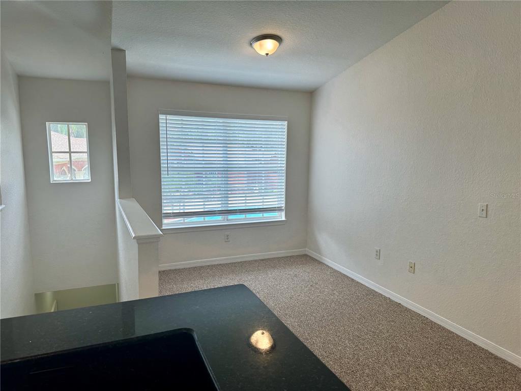 A carpeted room with a large window, a ceiling light, and a black countertop — 832 GRAND REGENCY POINT UNIT 204, ALTAMONTE SPRINGS, FL