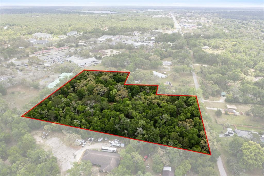 An aerial view shows a wooded, irregularly shaped plot of land outlined in red — 2322 W MAIN STREET, INVERNESS, FL