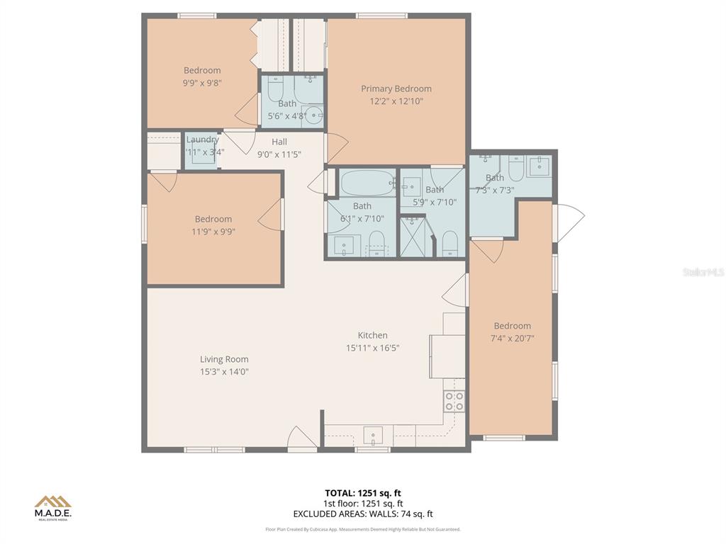 This is a floor plan showing a home with a living room, kitchen, and four bedrooms — 1918 W PINE STREET, TAMPA, FL