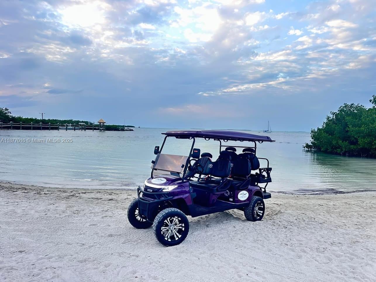 A purple golf cart is parked on a sandy beach near the water — 0000 Overseas Highway, Islamorada FL 33036, ISLAMORADA, FL