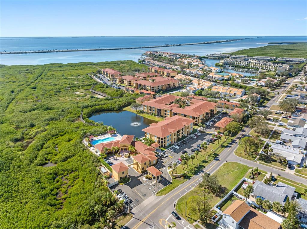 An aerial view shows a multi-story apartment complex with a pool next to a lake — 4333 BAYSIDE VILLAGE DRIVE UNIT 102, TAMPA, FL