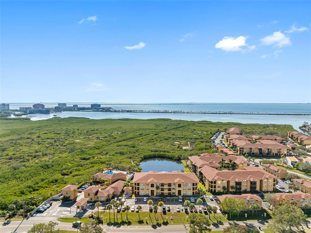 An aerial view shows a multi-story apartment complex with a pool near a coastal marsh — 4333 BAYSIDE VILLAGE DRIVE UNIT 102, TAMPA, FL