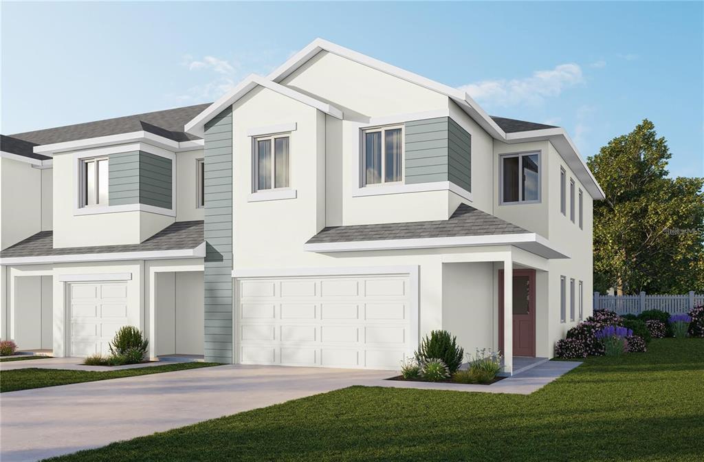 A digital rendering of a two-story townhouse with a white exterior, gray siding, and garage — 5839 JACKIE MAE PLACE, RIVERVIEW, FL