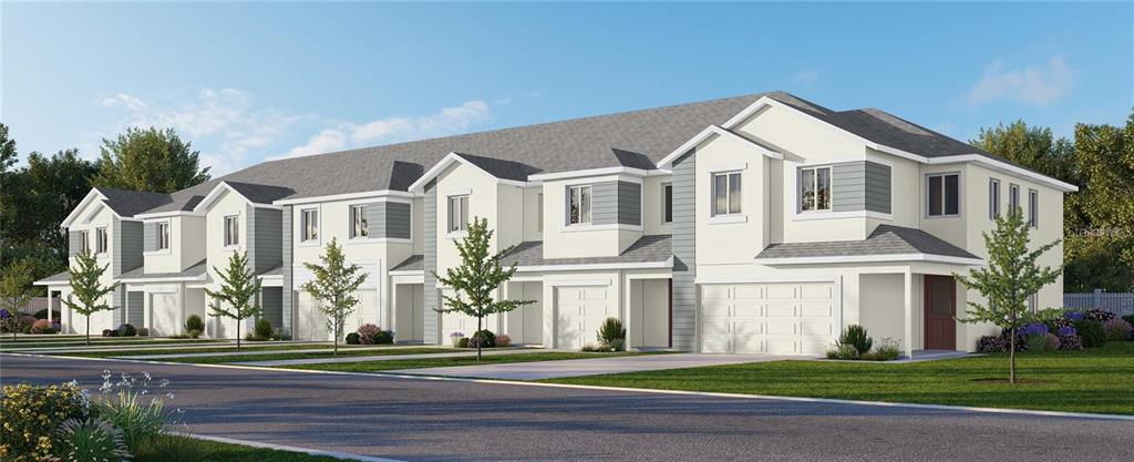 A digital rendering of a multi-unit townhouse building with light-colored siding and attached garages — 5839 JACKIE MAE PLACE, RIVERVIEW, FL