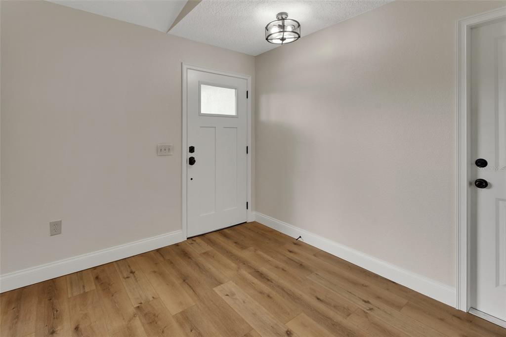 An entryway features light-colored walls, wood-look flooring, a white door with a window, and a ceiling light — 1251 SEMINOLE DRIVE, DE LEON SPRINGS, FL