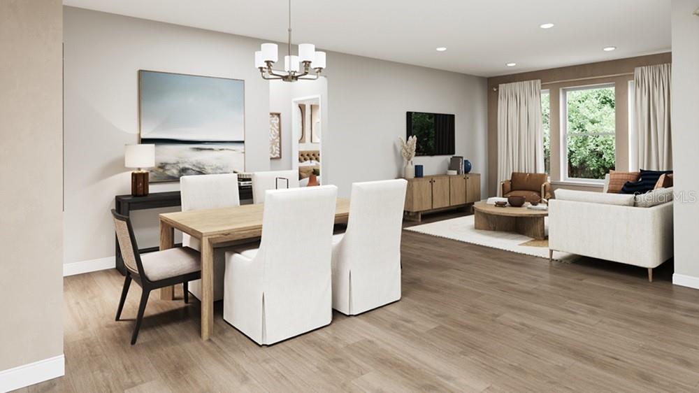This is a digital rendering of an open-concept dining and living area with wood flooring — 21 GEOSAM DRIVE, PALM COAST, FL