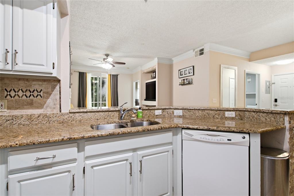 A kitchen with white cabinets, granite countertops, and a dishwasher overlooks an adjacent living area — 13037 MULBERRY PARK DRIVE UNIT 518, ORLANDO, FL