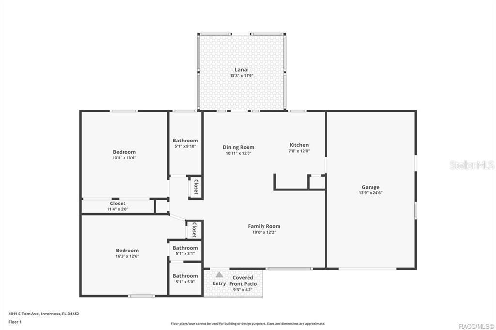 This is a floor plan for a single-story house with a garage and a lanai — 316 PEONY STREET, INVERNESS, FL