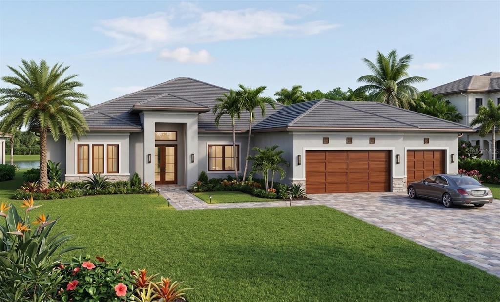 This is a rendering of a single-story house with a three-car garage and palm trees — 9613 KNOLLWOOD LANE, FORT PIERCE, FL