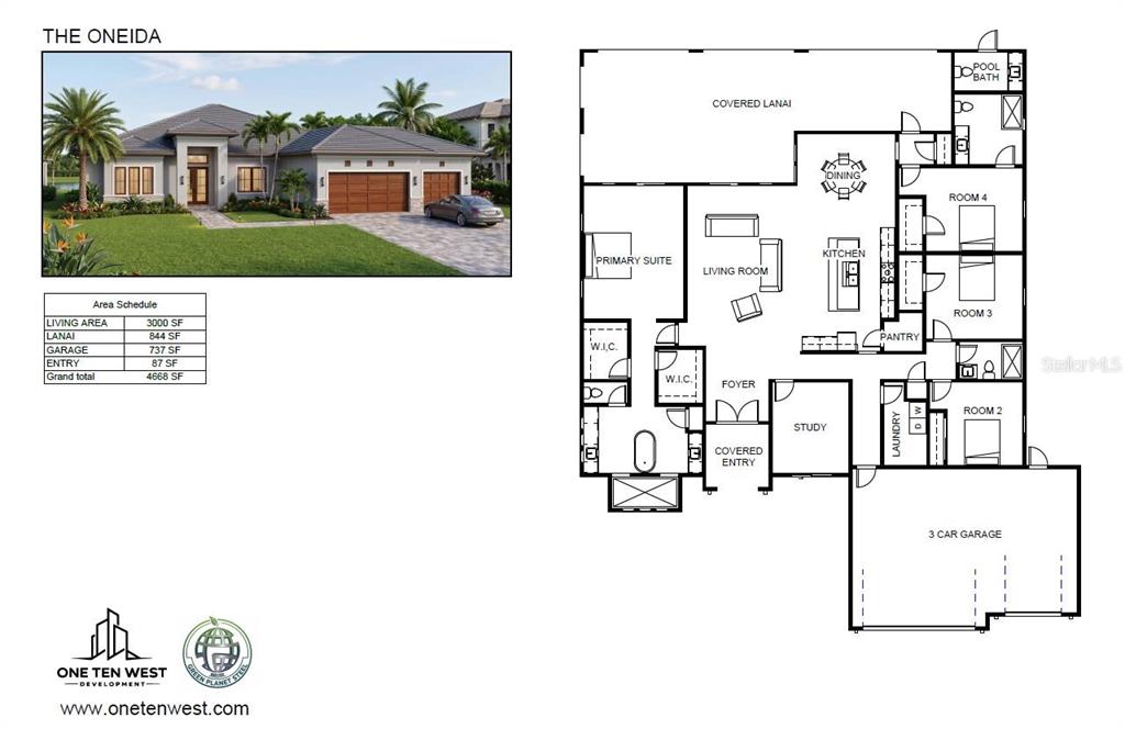 This image shows a rendering and floor plan for a single-story house named The Oneida — 9613 KNOLLWOOD LANE, FORT PIERCE, FL