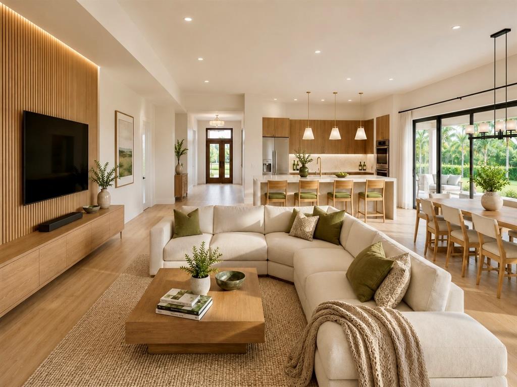An open-concept living room and kitchen featuring light wood floors, a sectional sofa, and cabinetry — 9613 KNOLLWOOD LANE, FORT PIERCE, FL